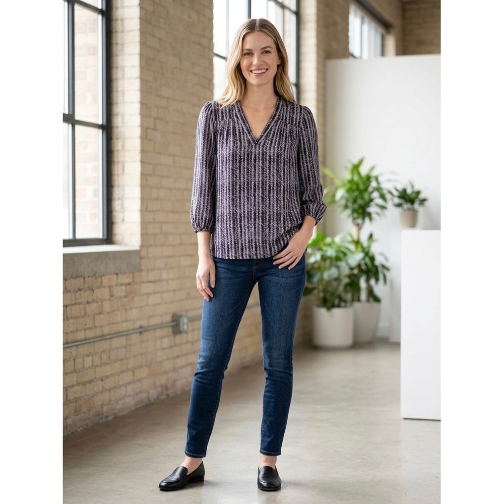 Amour Vert Stitch Fix Silk Blouse Purple Black Chevron V-Neck 3/4 Sleeve XS